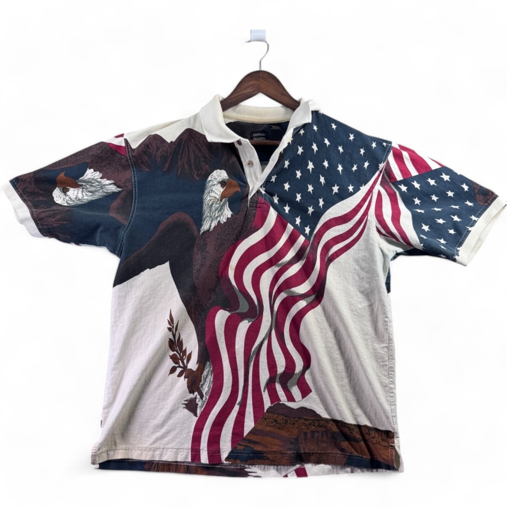 Cotton Traders Sport Men's Size XL Patriotic USA Flag Bald Eagle Polo Shirt
